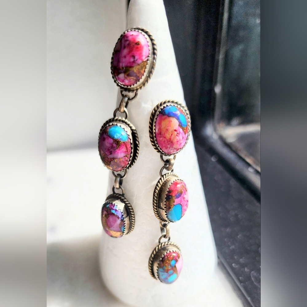SOLD ! NATIVE Stamped And Signed "F"  Pink and Blue Mohave Earrings